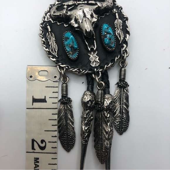 Ssi USA Turquoise & Pewter Bull Skull Pewter Bolo w Feathers 29” + 4” Pendant - Picture 8 of 9